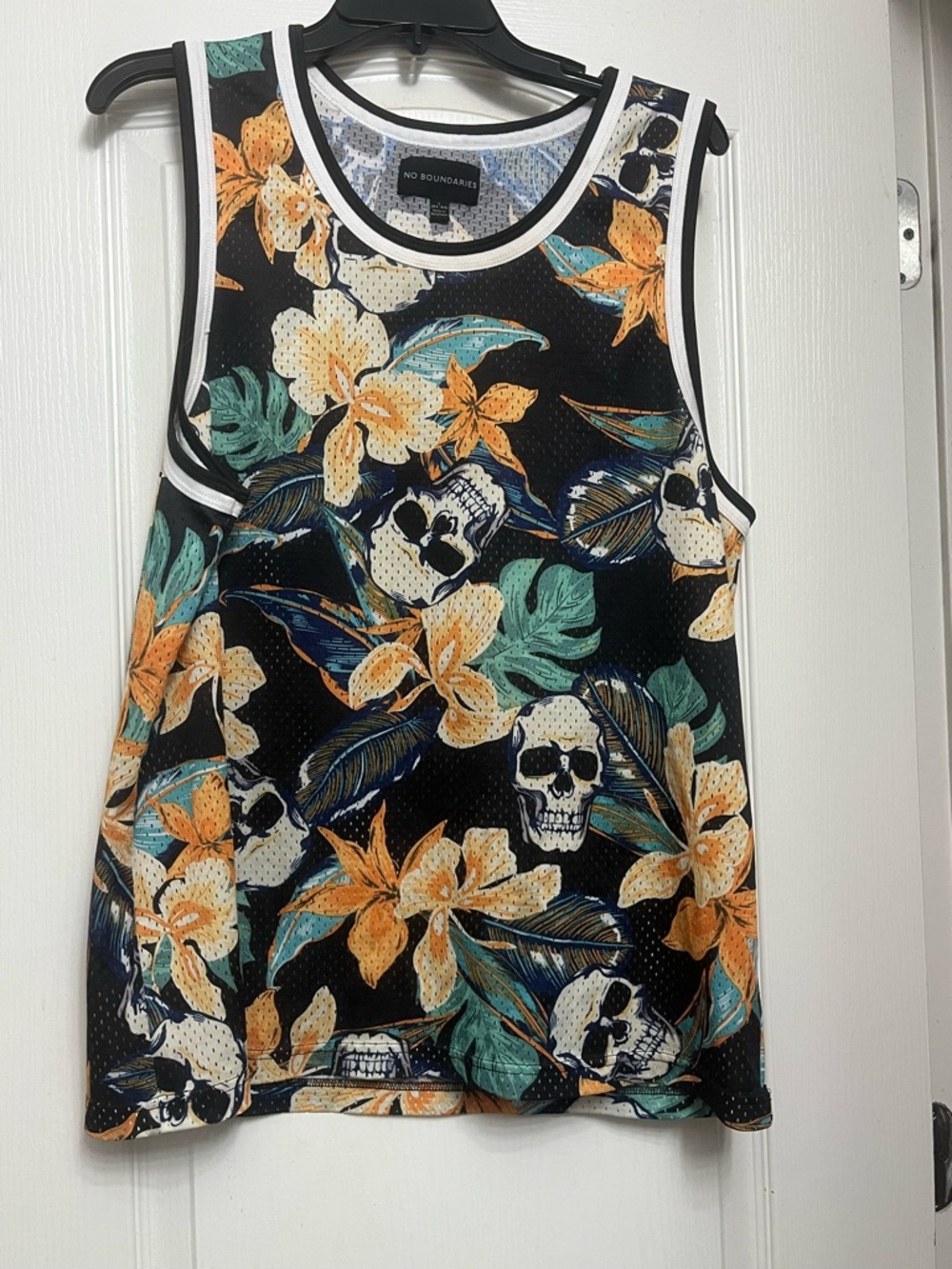 No Boundaries Black Tank with Orange and Teal Floral Skull Print